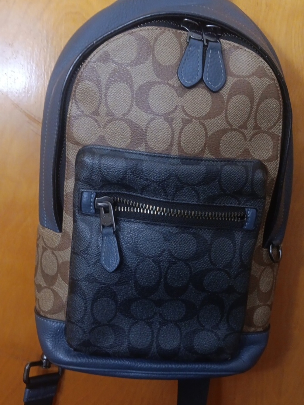 Coach Men’s Signature Canvas Crossbody Sling in Brown and Black with Navy Trim